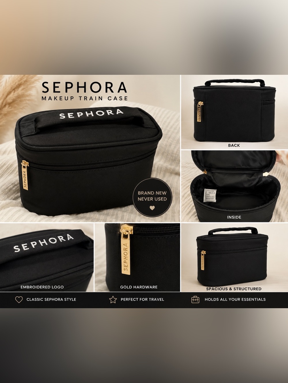 SEPHORA Black Makeup Vanity Train Case with Gold Hardware